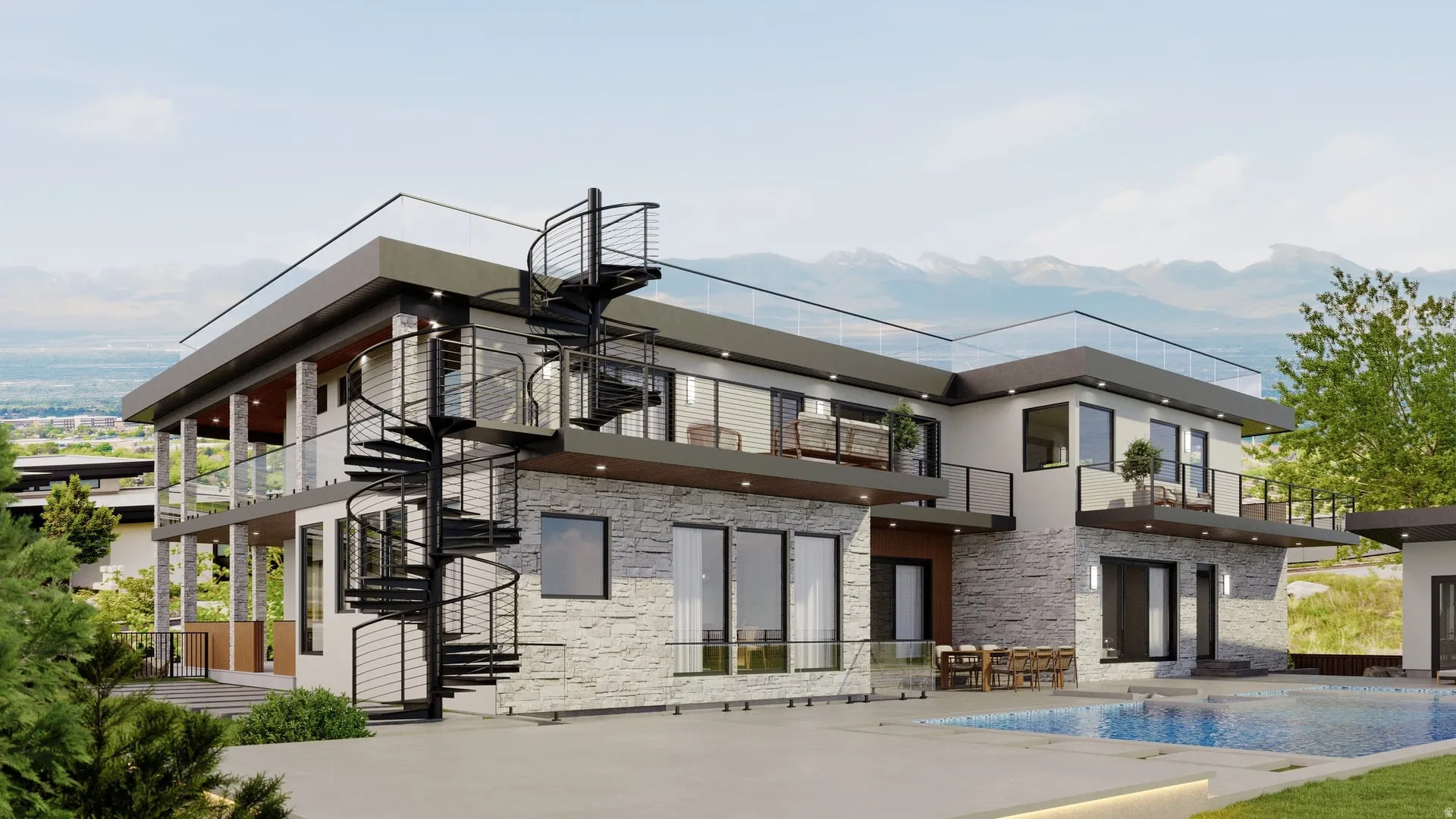Contemporary multi-story residence featuring a striking exterior spiral staircase