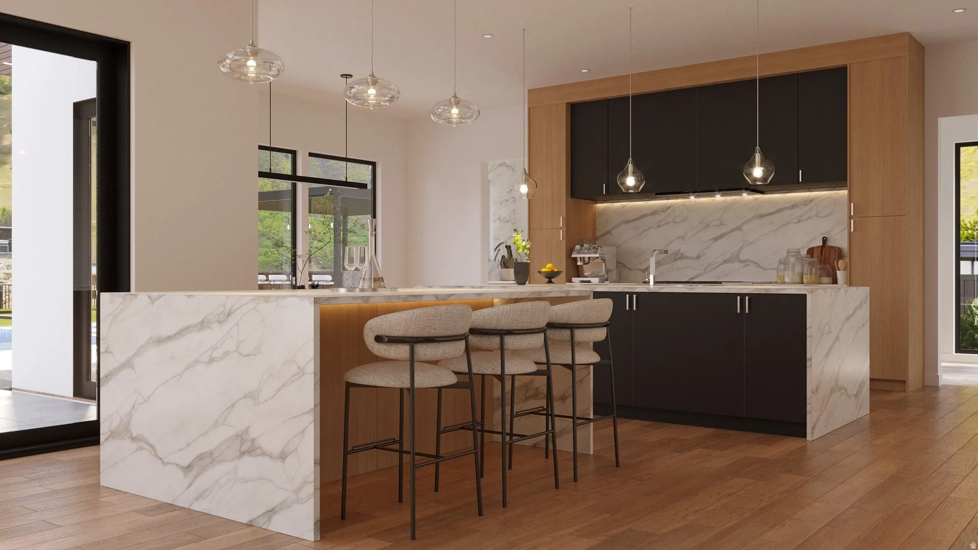Modern kitchen featuring a waterfall island with integrated lighting, wood-finish flooring, black cabinetry, a full-height stone backsplash, and pendant lighting fixtures