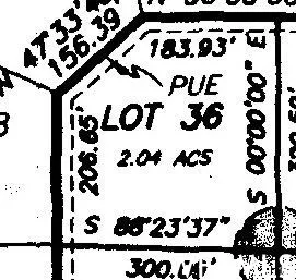 Plat Map, Lot 36. Displaying property dimensions and acreage