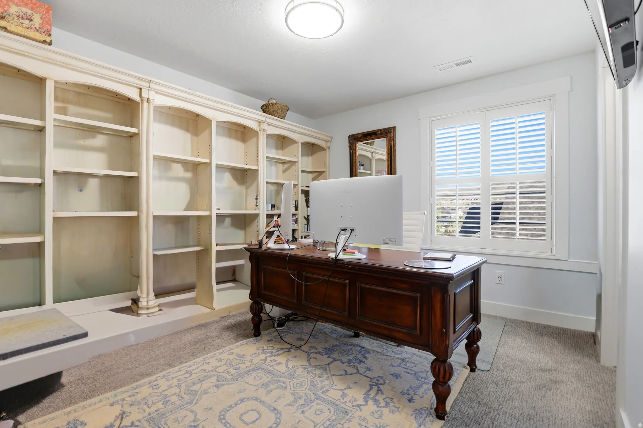 Room featuring extensive built-in shelving, a large window with plantation shutters, a ceiling-mounted light fixture, and carpet flooring