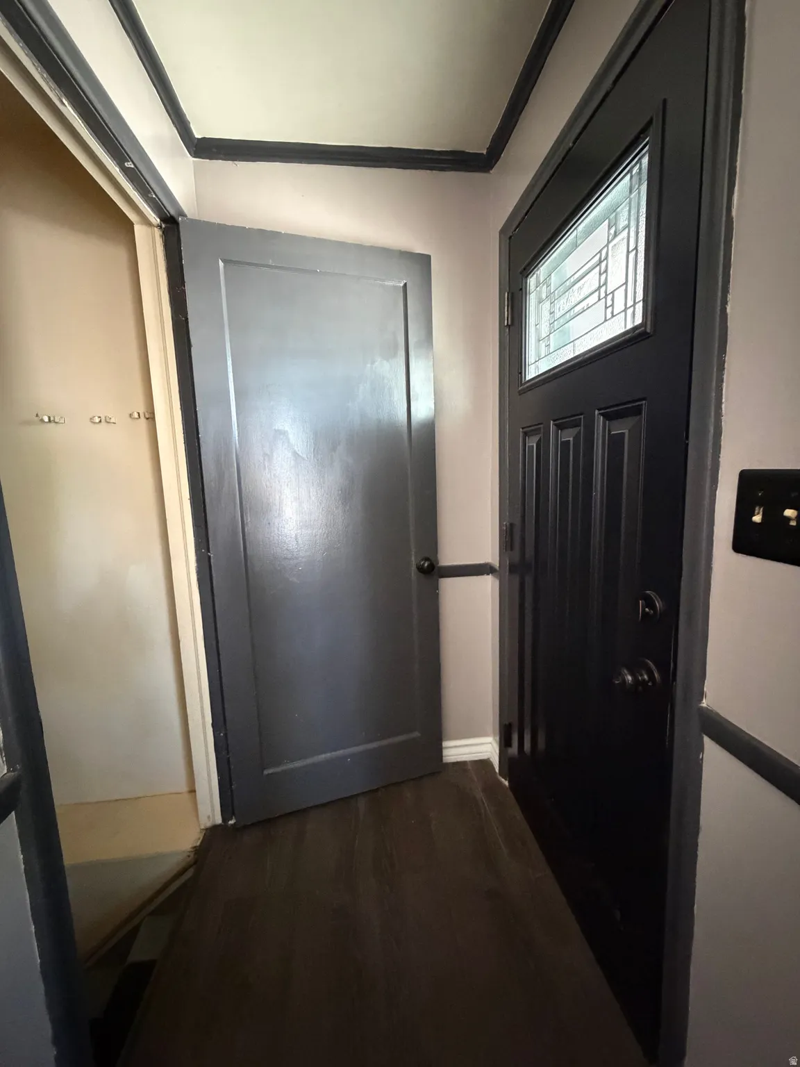 Entryway featuring a dark wood-finish flooring, a solid panel interior door, and an exterior door with decorative glass inserts