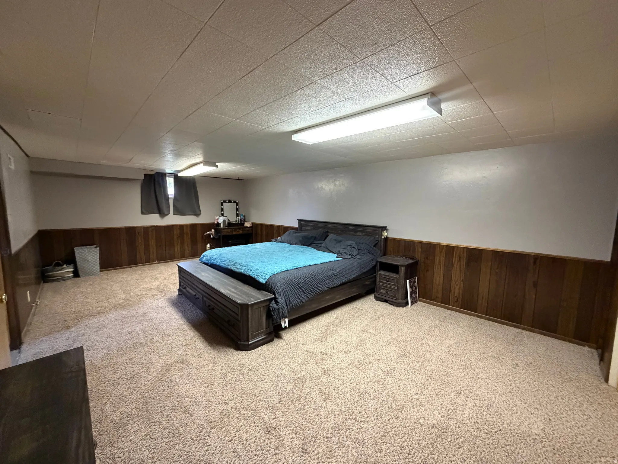 Carpeted room featuring wood paneling, light-toned walls, and a drop ceiling with fluorescent lighting