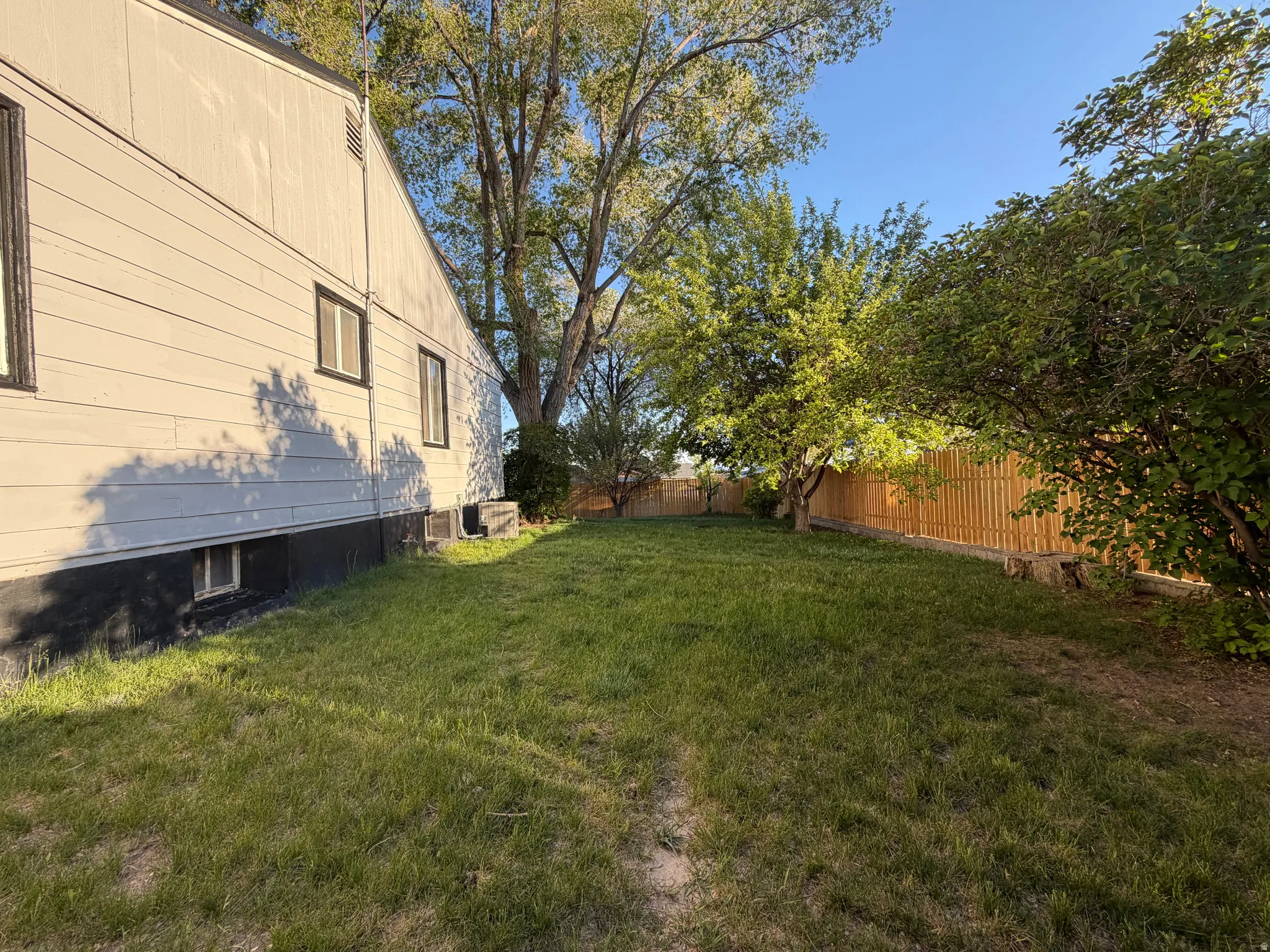 Expansive grassy yard featuring mature trees and a wooden privacy fence