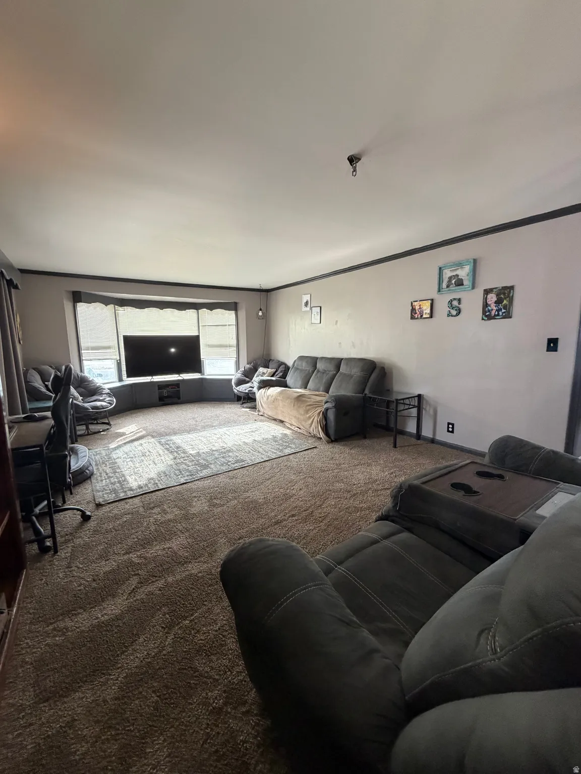 Spacious living area featuring neutral-toned carpeting and a large bay window