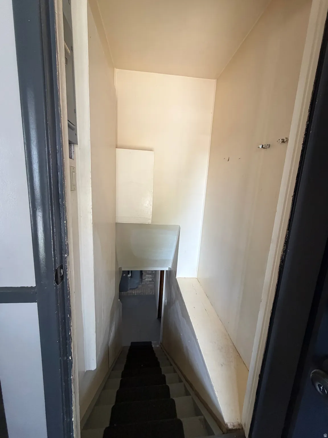 Stairway with patterned treads, light-toned wall finishes, and a dark-framed doorway