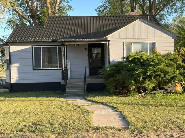 Gray exterior with a black metal roof and a concrete pathway