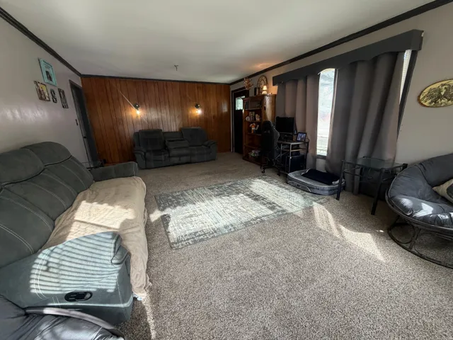 Living area featuring wood-finish accent wall with sconce lighting, light-colored carpet flooring, and a window with valance and drapes