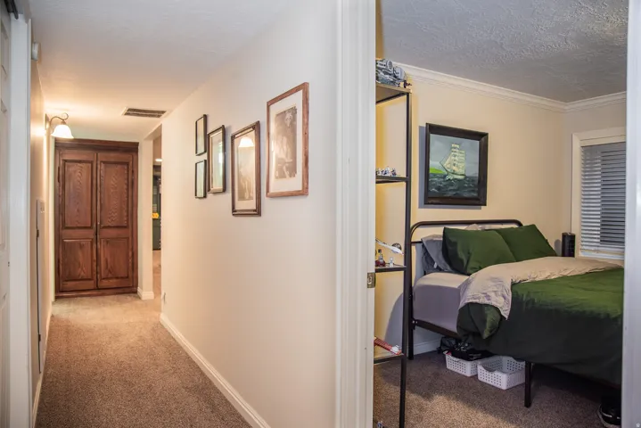 Basement hallway featuring carpet flooring and dark wood double doors leading to the "secret" room!