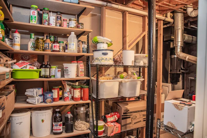 Basement storage area and mechanical room with built-in shelving