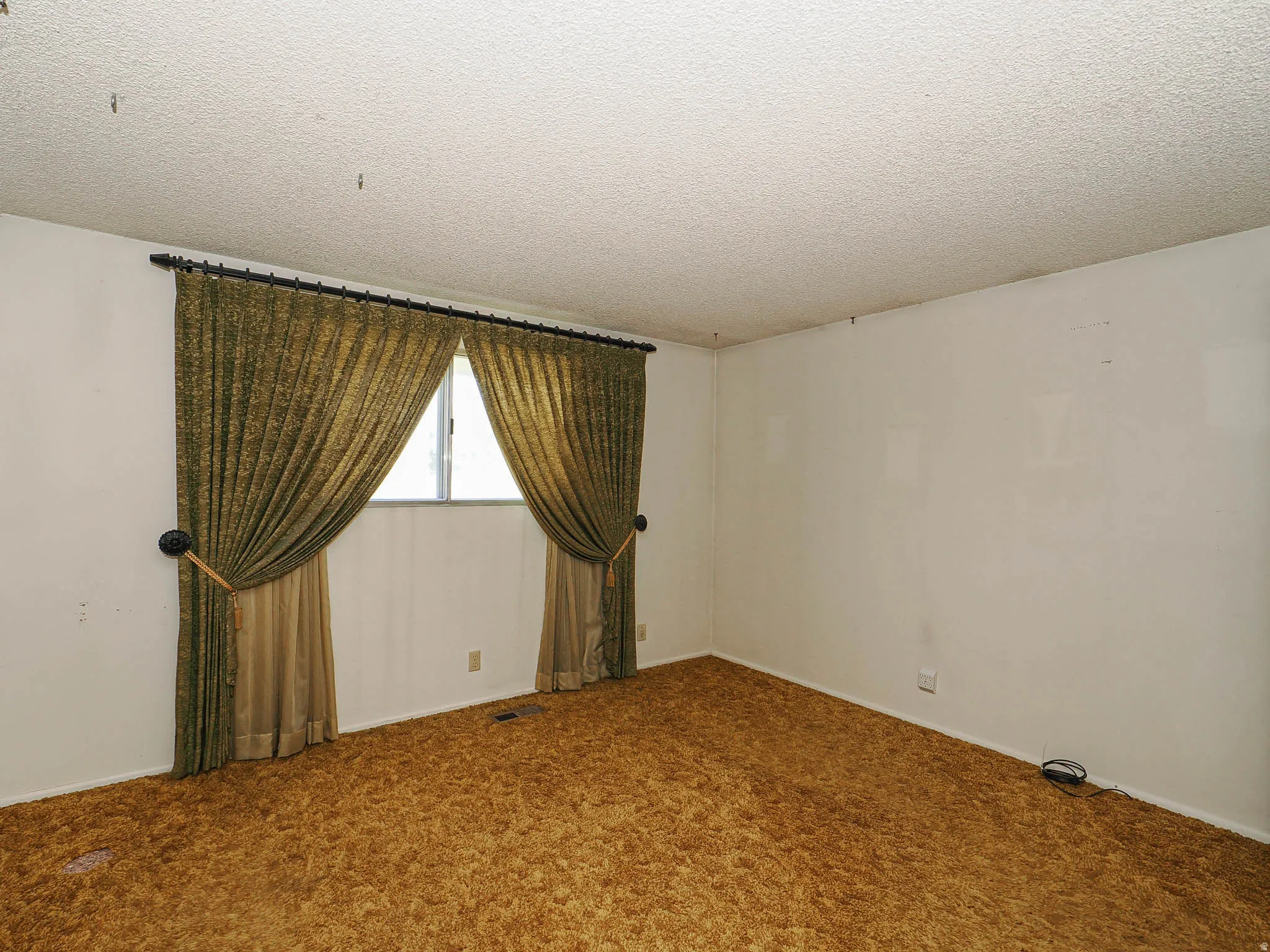 Window dressed with green and gold patterned drapes on a dark rod