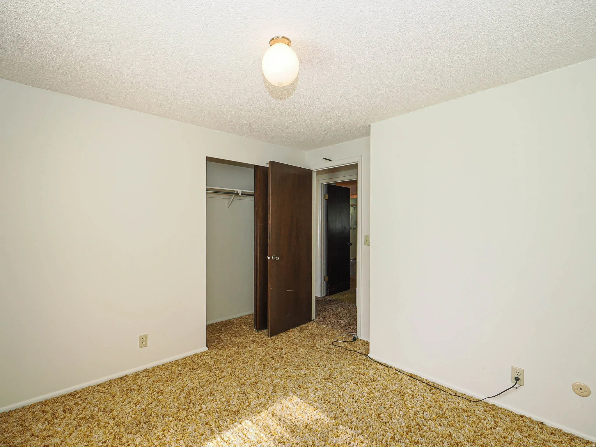 Interior room featuring light-colored walls and textured carpeting