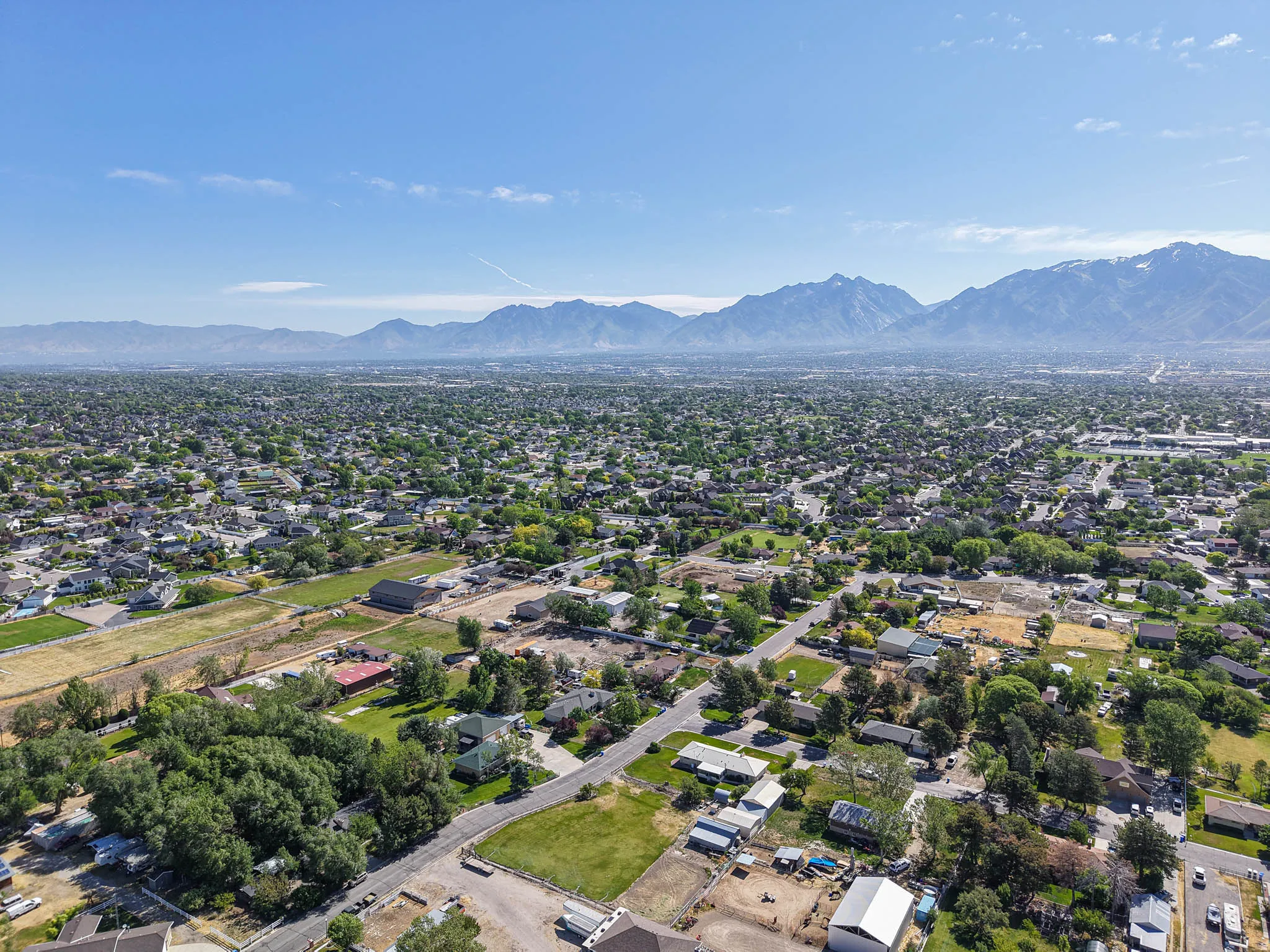 Expansive aerial perspective showcasing a residential area with mature trees and a distant mountain range