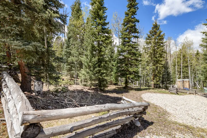 Wood rail fence outlining a gravel parking area, surrounded by a dense forest of evergreen and deciduous trees