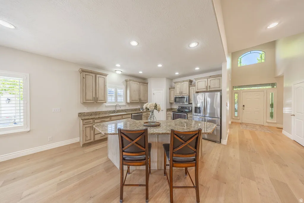 Kitchen island with granite countertop, integrated sink, stainless steel appliances, wood-finish flooring, and recessed lighting