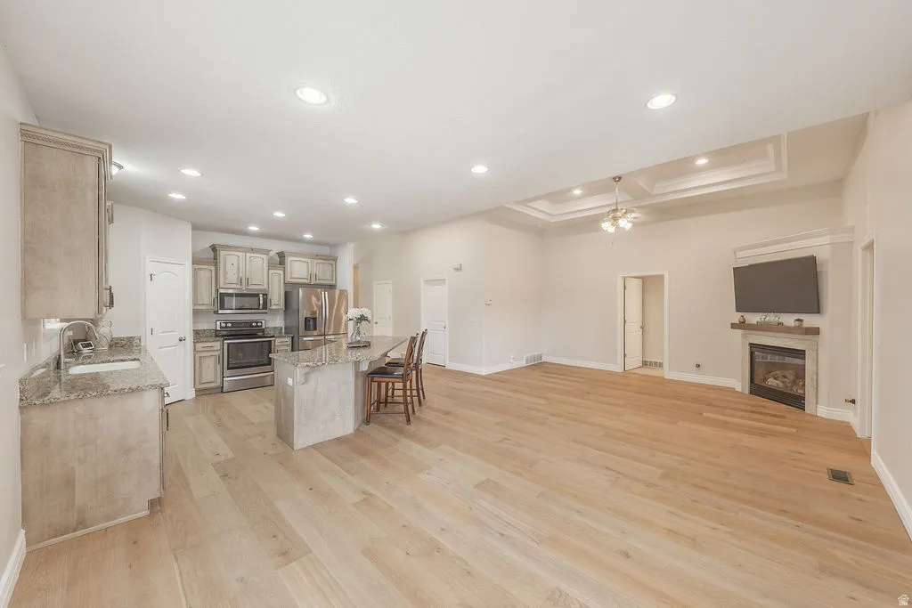 Open-concept living space with light wood-finish flooring, recessed lighting, and a tray ceiling