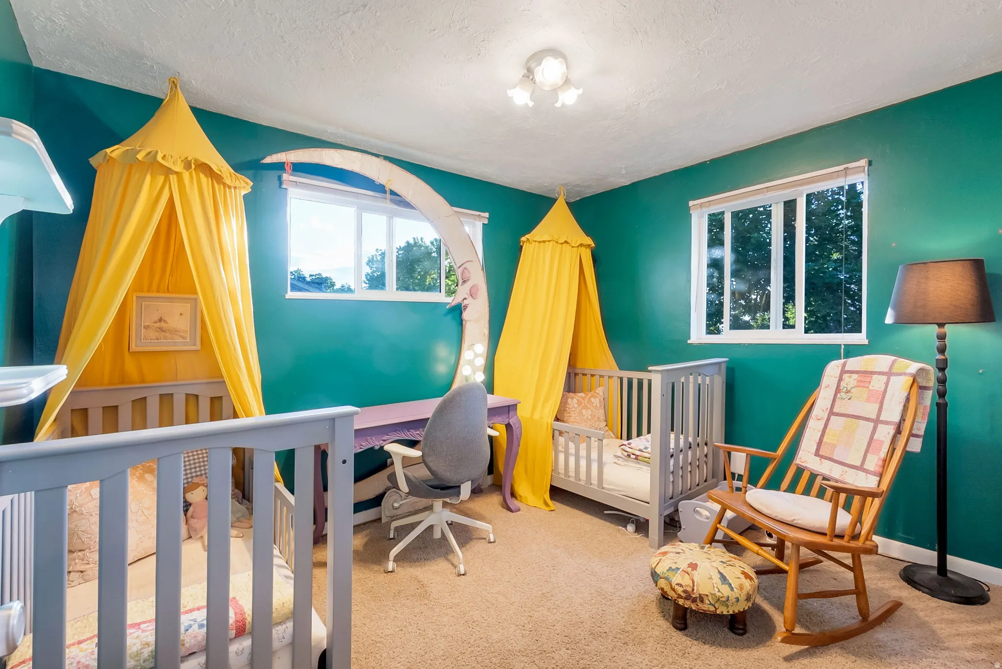 Bedroom featuring two windows, carpet flooring, and a ceiling-mounted light fixture