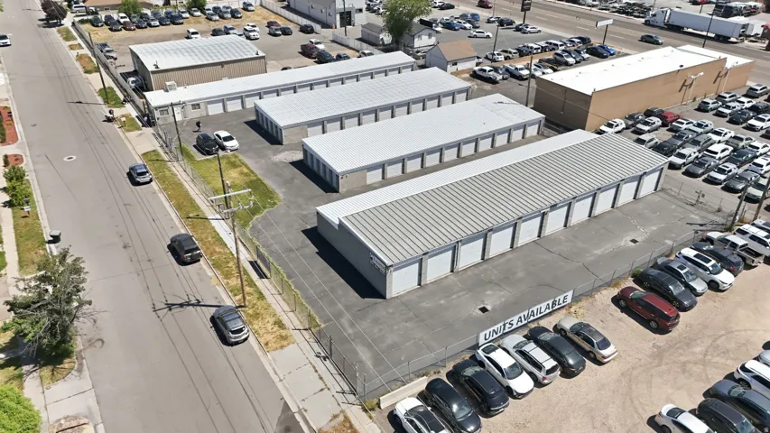 Aerial view showcasing multiple commercial structures