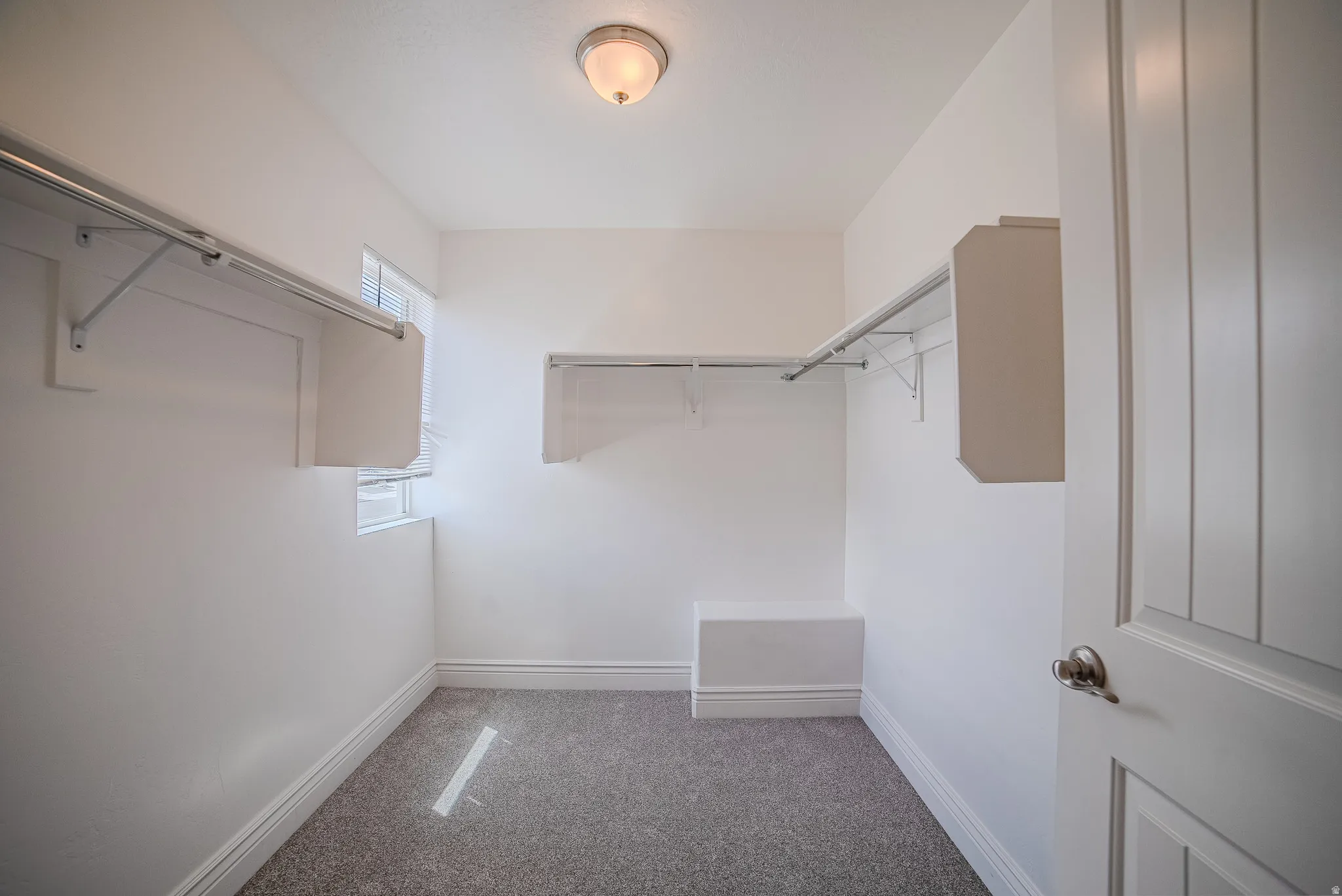 Walk-in closet featuring light gray carpet, white baseboards, and bright white walls