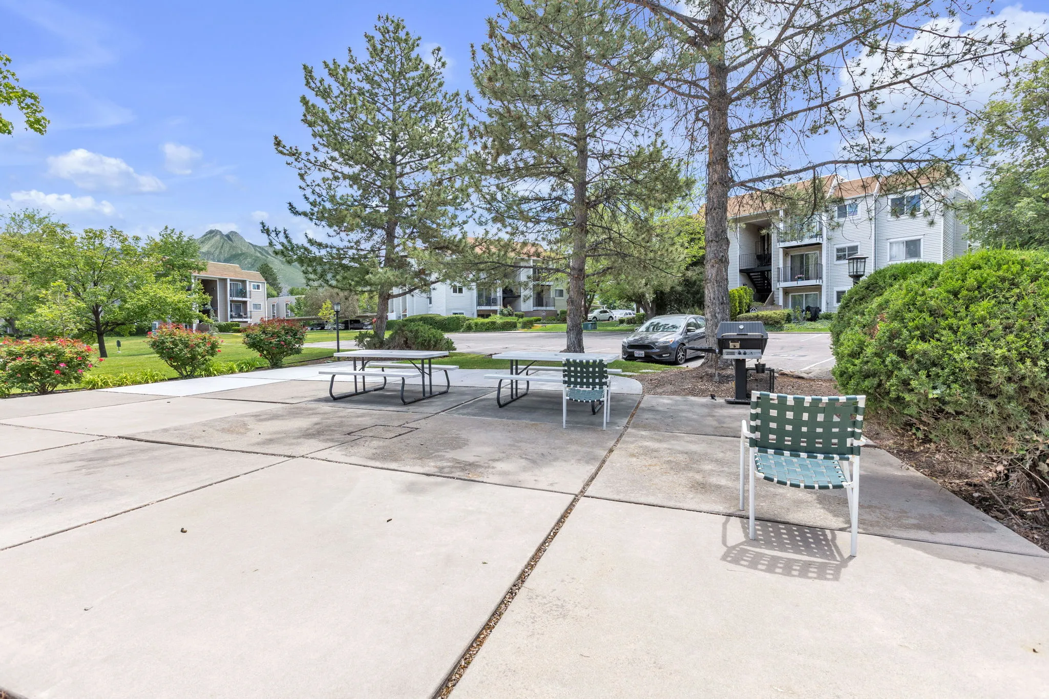 Paved outdoor area featuring multiple picnic tables and chairs