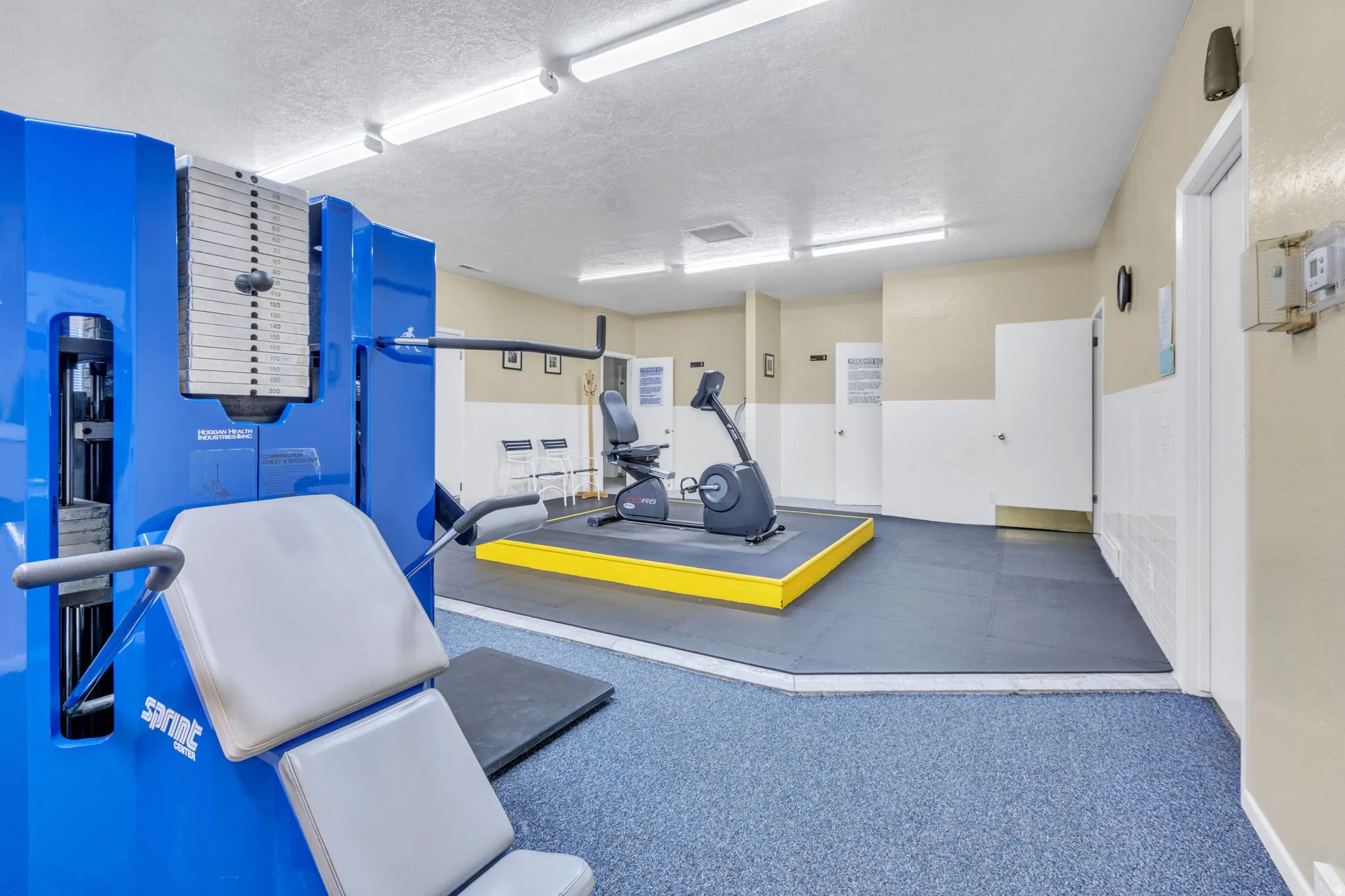 Fitness area featuring blue speckled carpeting and a raised platform with exercise equipment