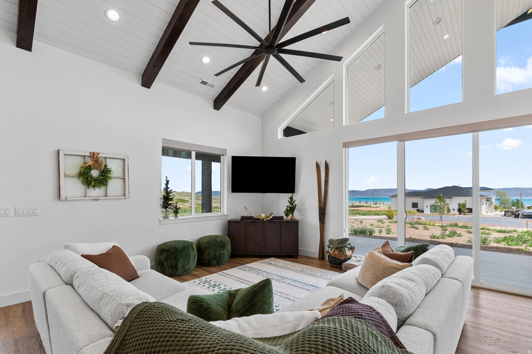 Great room with vaulted ceilings and exposed wood beams