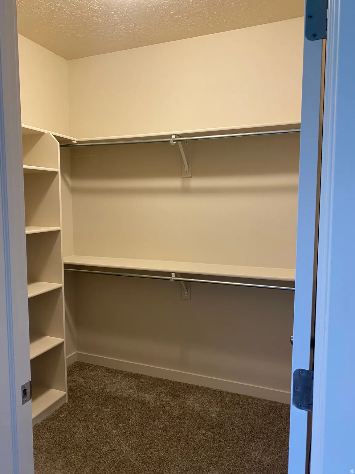 Walk-in closet featuring built-in shelving, two levels of hanging rods, and plush carpet flooring