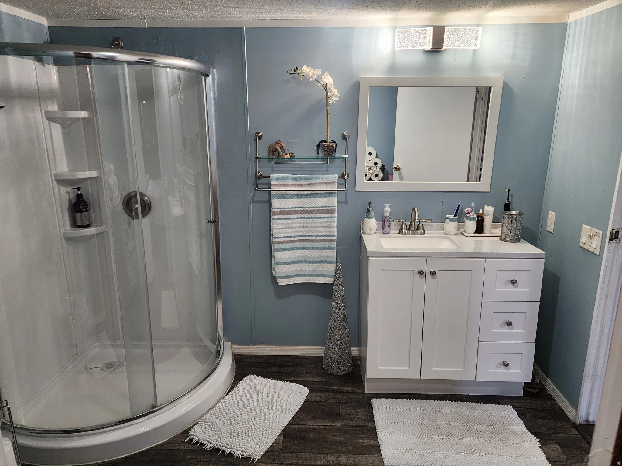 Bathroom featuring a curved glass-enclosed shower with integrated shelving, a white vanity with a rectangular sink and brushed nickel faucet, a framed mirror, and wood-finish flooring