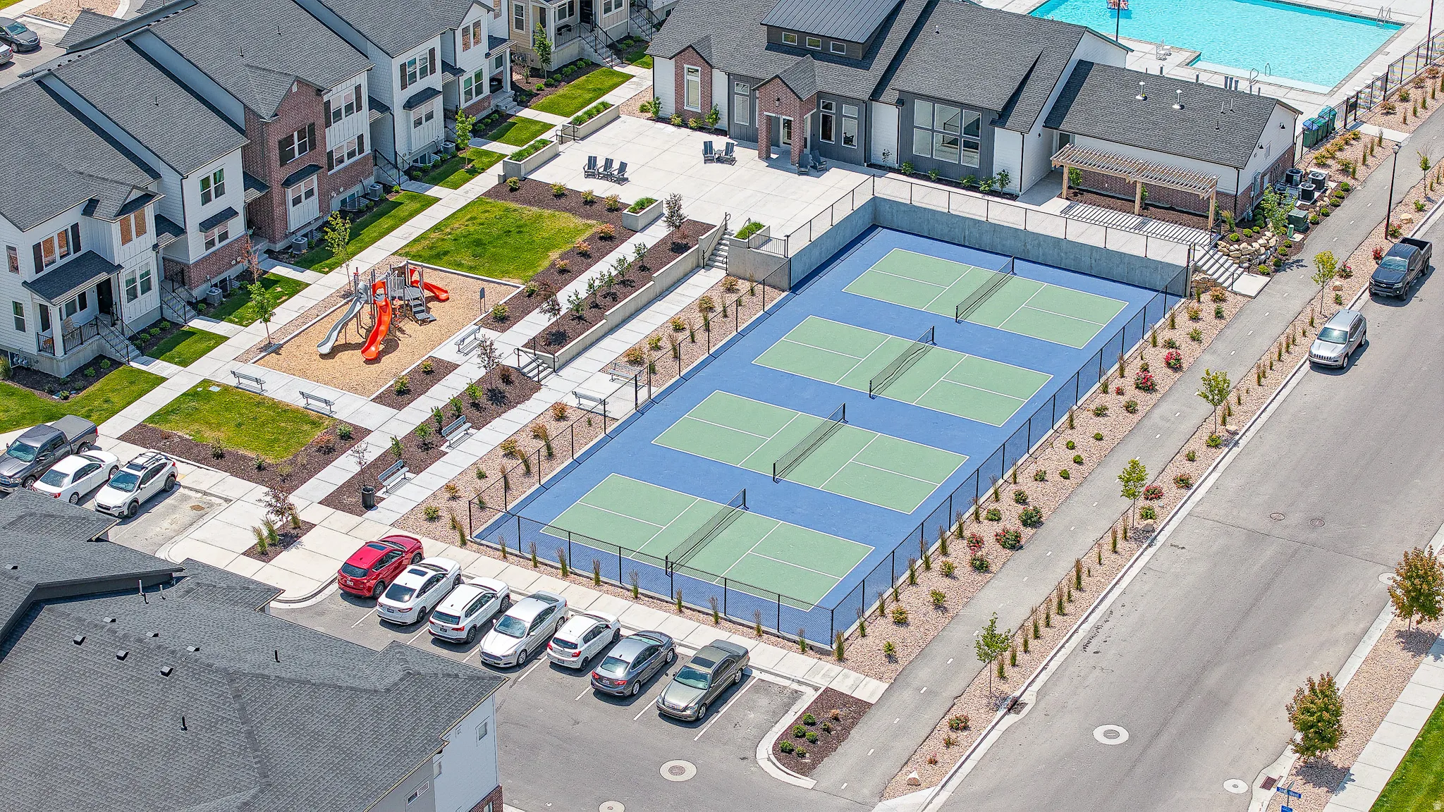 Aerial perspective showcasing community amenities