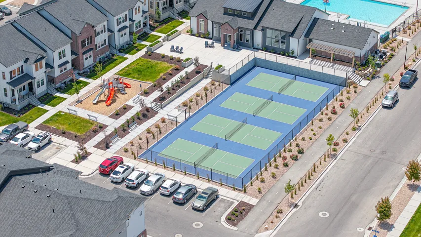 Aerial perspective showcasing community amenities