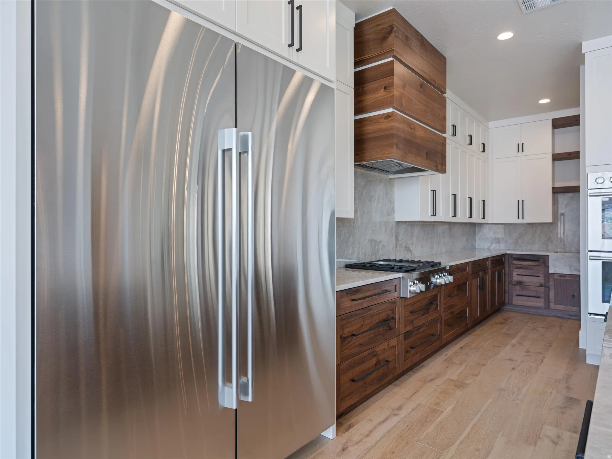 Professional-grade stainless steel refrigerator with double doors