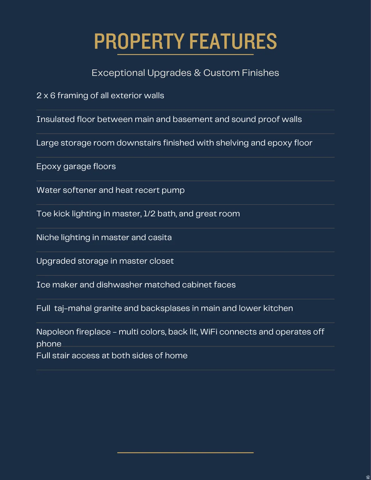 Property Features. Detailing specific upgrades and custom finishes of the property