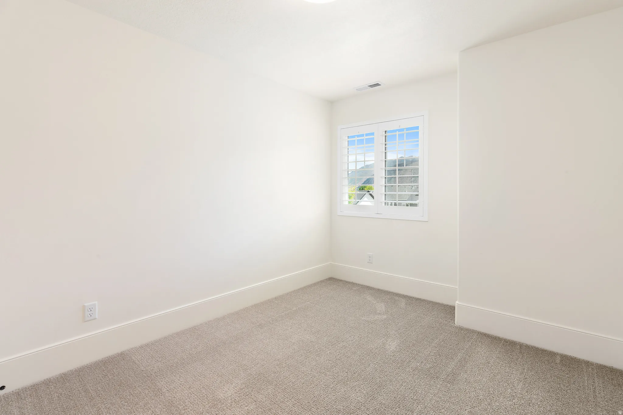 Bright room with neutral wall tones and plush grey carpeting