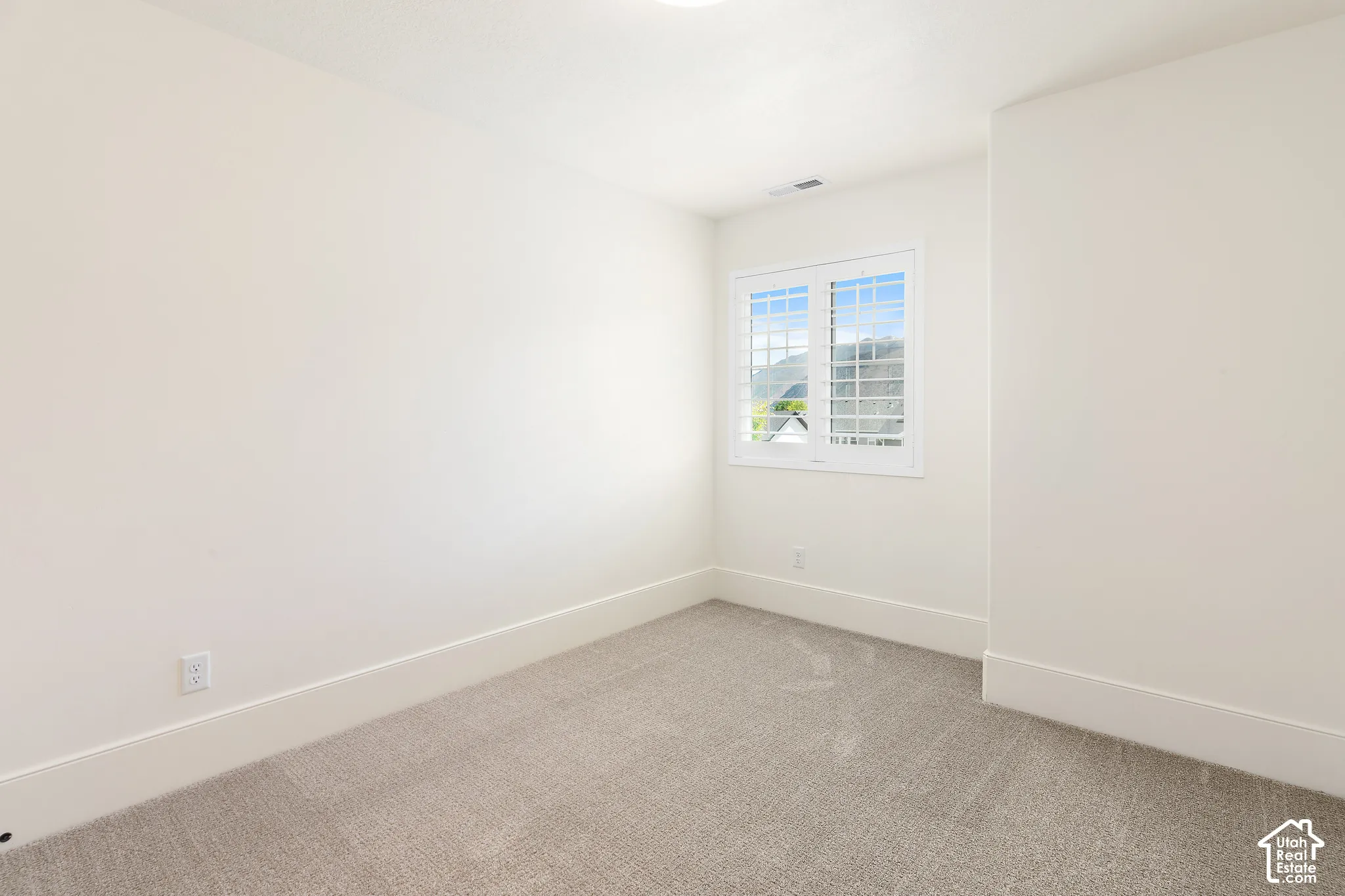 Bright room with neutral wall tones and plush grey carpeting
