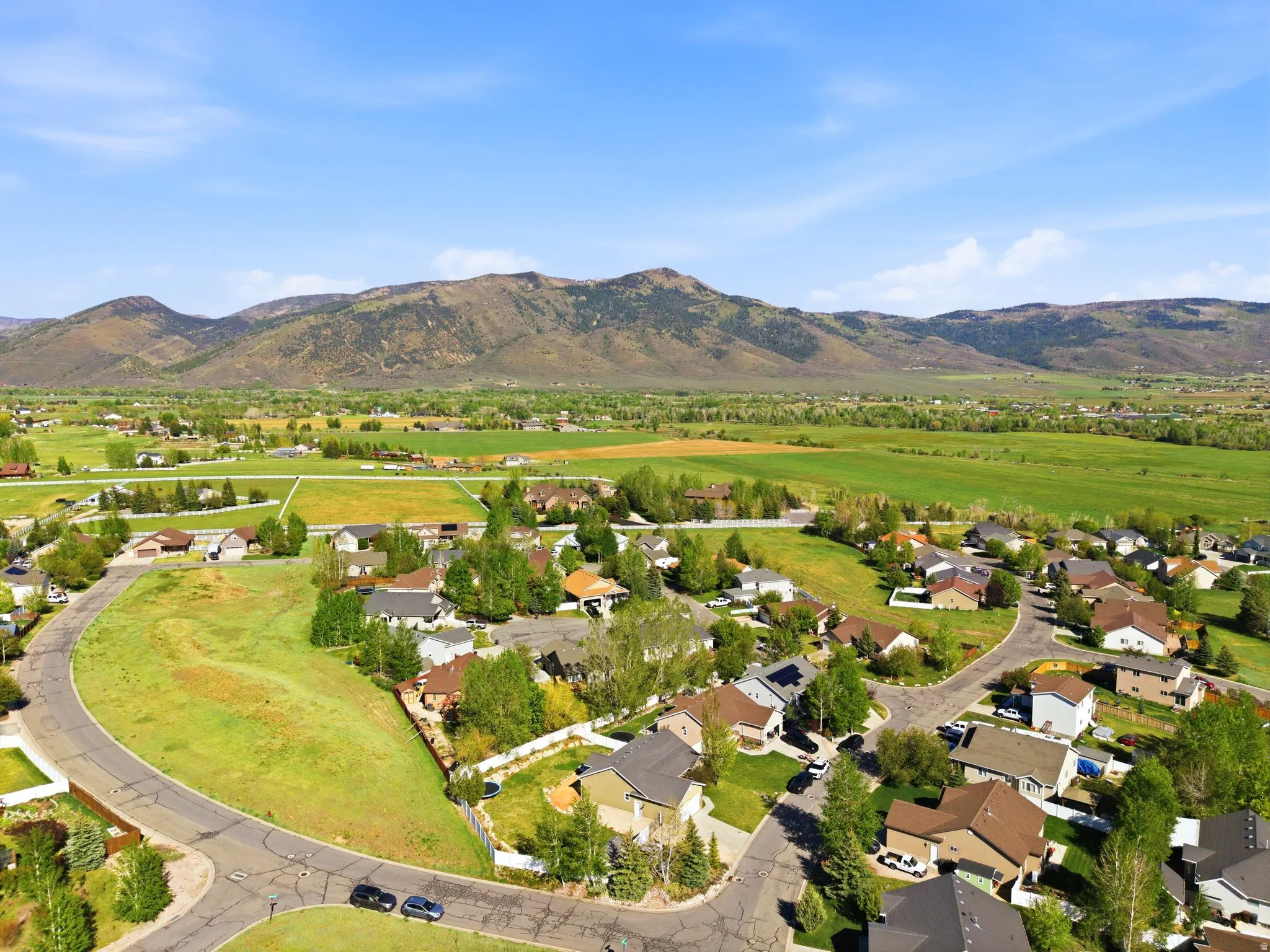 Residential neighborhood with established homes, green spaces, and paved streets