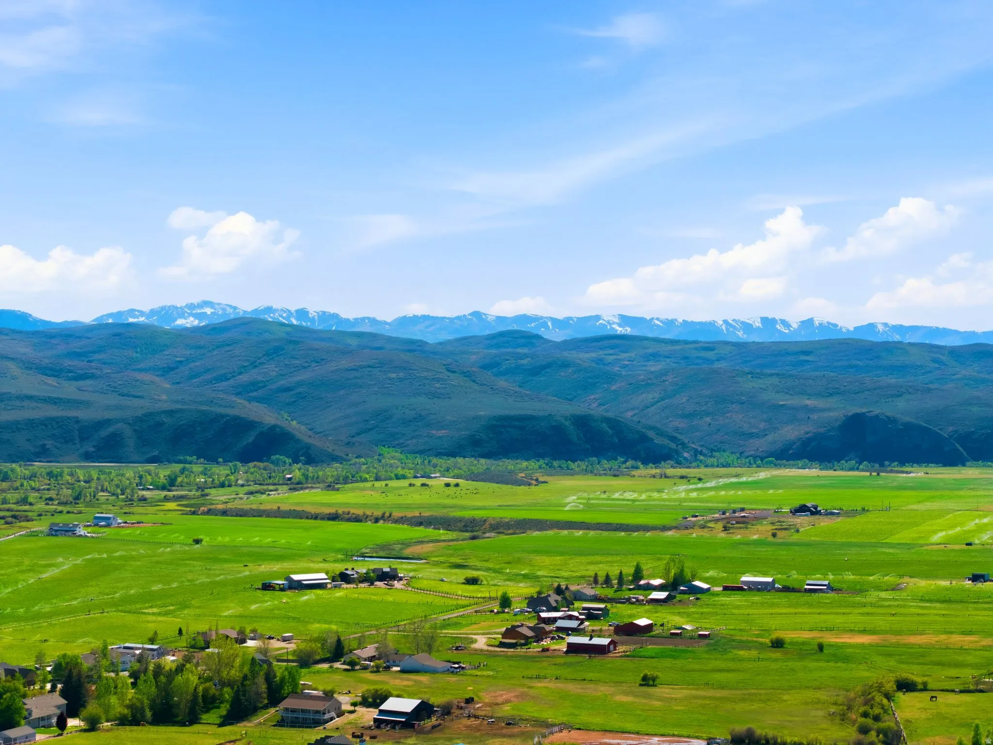 Expansive green pastures framed by distant mountains with snow-capped peaks