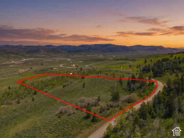 Expansive parcel featuring a natural terrain, mature trees, and a dirt road. Altered to be a twilight photo.