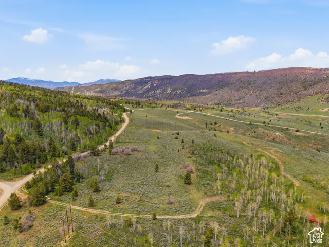 Expansive mountain landscape featuring varied terrain with visible dirt roads, diverse tree species including aspens and evergreens, and distant mountain ranges under a clear sky