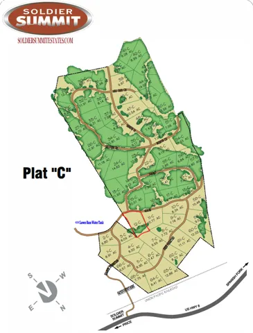 Plat Map. Illustrating the division of the property into individual parcels with acreage and a directional compass