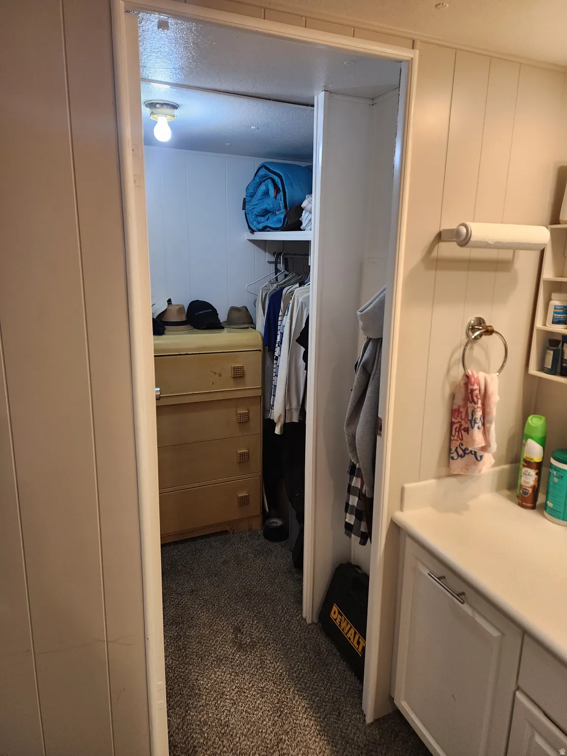 Recessed closet with integrated shelving and hanging rod, complemented by a textured carpeted floor