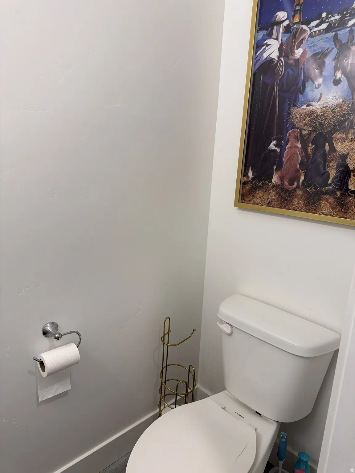 White toilet fixture with a polished chrome toilet paper holder