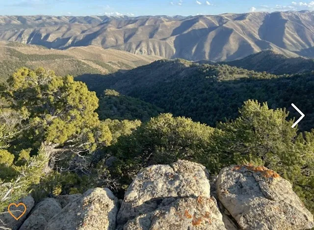 Expansive mountain landscape featuring varied elevations, dense evergreen foliage, and a rugged foreground with natural rock formations