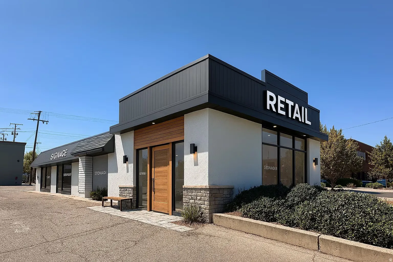 Contemporary retail storefront featuring a prominent "RETAIL" sign, large display windows, a wood-finish entry door, stone facade accents, and modern exterior lighting