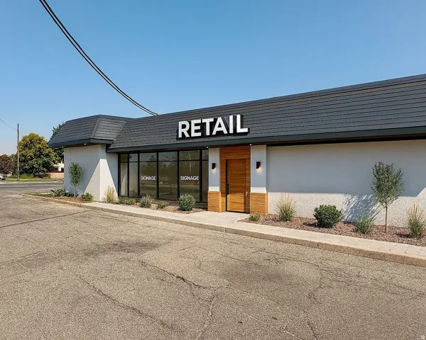 Modern commercial exterior featuring a prominent "RETAIL" sign, large storefront windows, wood-paneling accents, contemporary outdoor lighting fixtures, and a landscaped perimeter