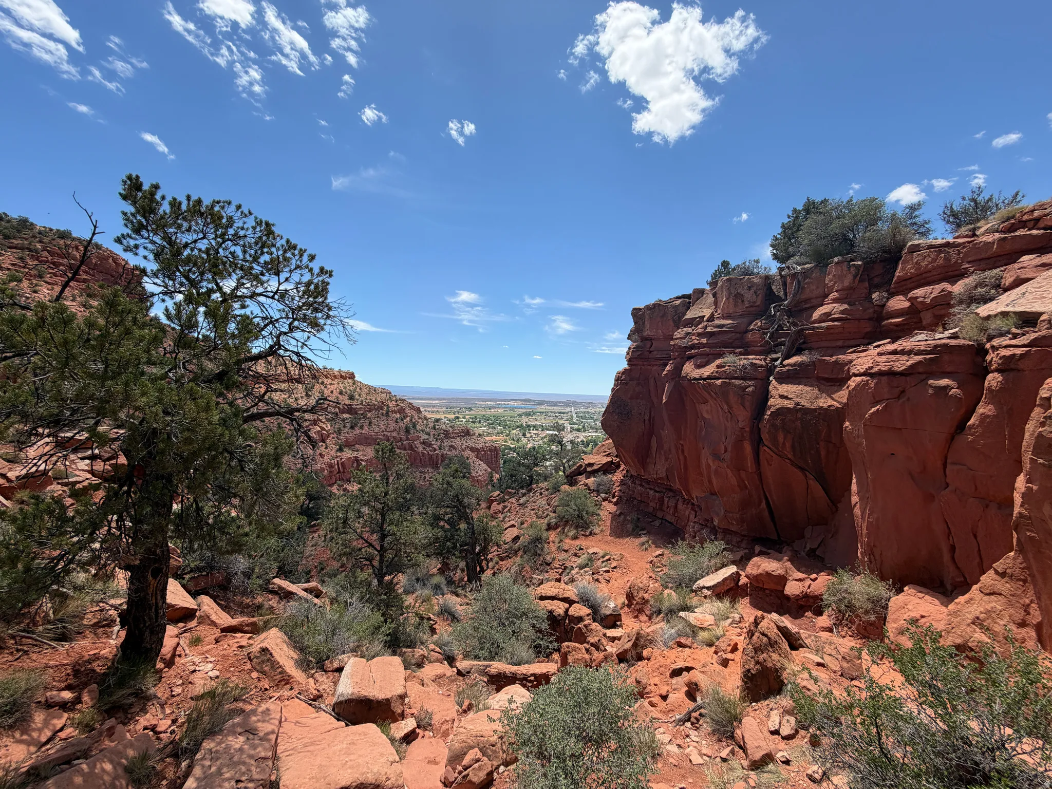 Red rock landscape featuring prominent cliff formations, scattered green foliage, and a distant valley under a clear blue sky