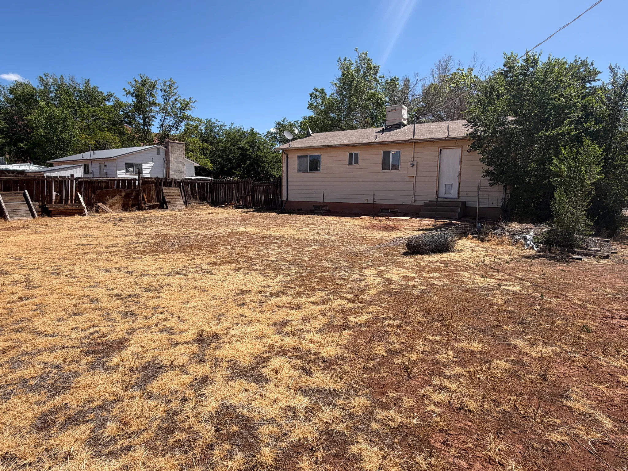 Expansive backyard with a surrounding wooden fence and mature trees