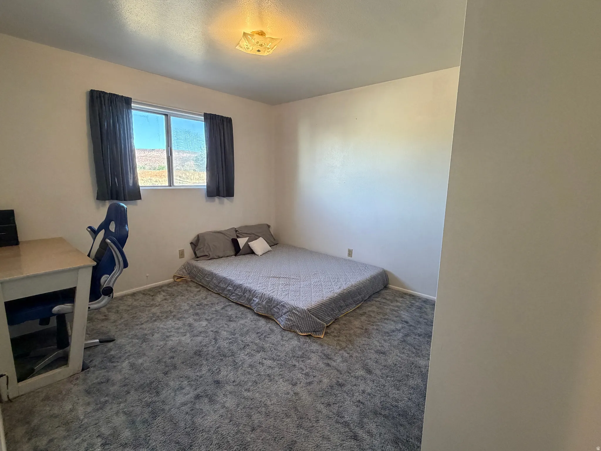 Bedroom featuring a window with natural light, textured gray carpeting, and a flush-mount ceiling light fixture