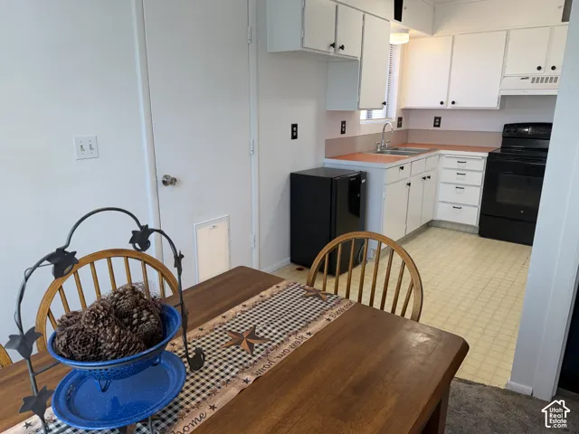 Kitchen space featuring white cabinetry, a double basin sink, and a black electric range