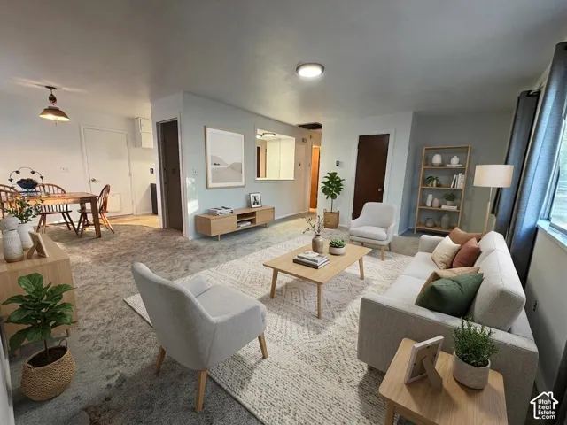 Digitally staged living room & dining area