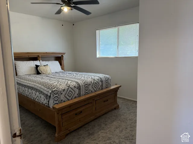 Bedroom featuring neutral-toned carpeting, light-colored walls, and a window with blinds