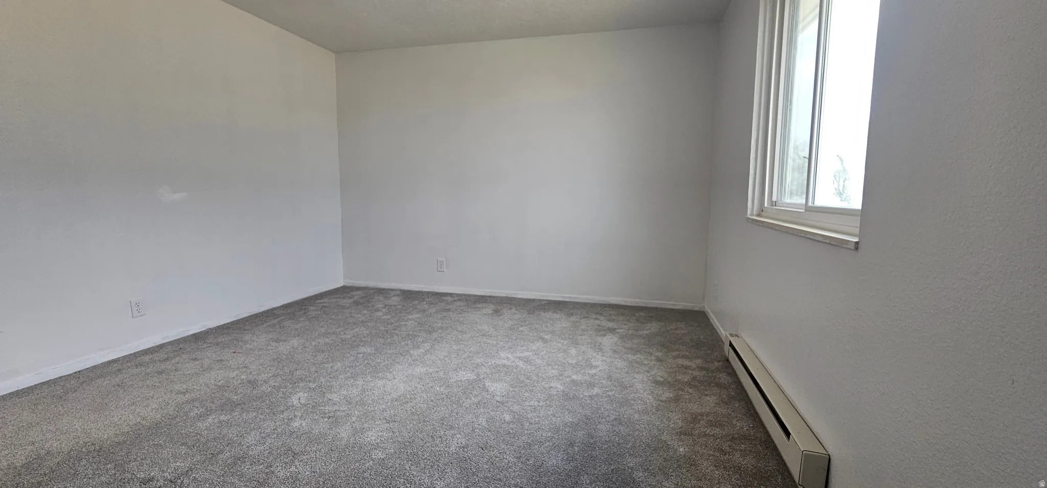 Spacious interior room featuring light gray carpet, white walls, a large window with white trim, and a baseboard heater